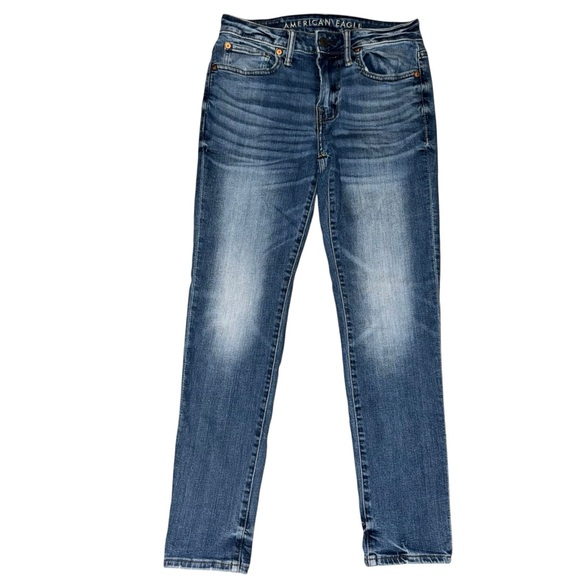American Eagle Women’s Jeans SZ 29/28 Wed Blue Fading Vintage Skinny Whiskering - Picture 1 of 6